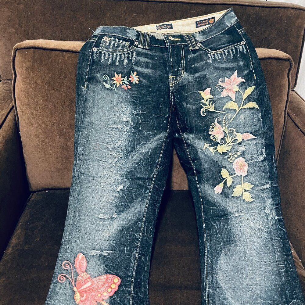 PEOPLE For Peace Embroidered Denim flowers butterflies bespoke handmade 26 NWT